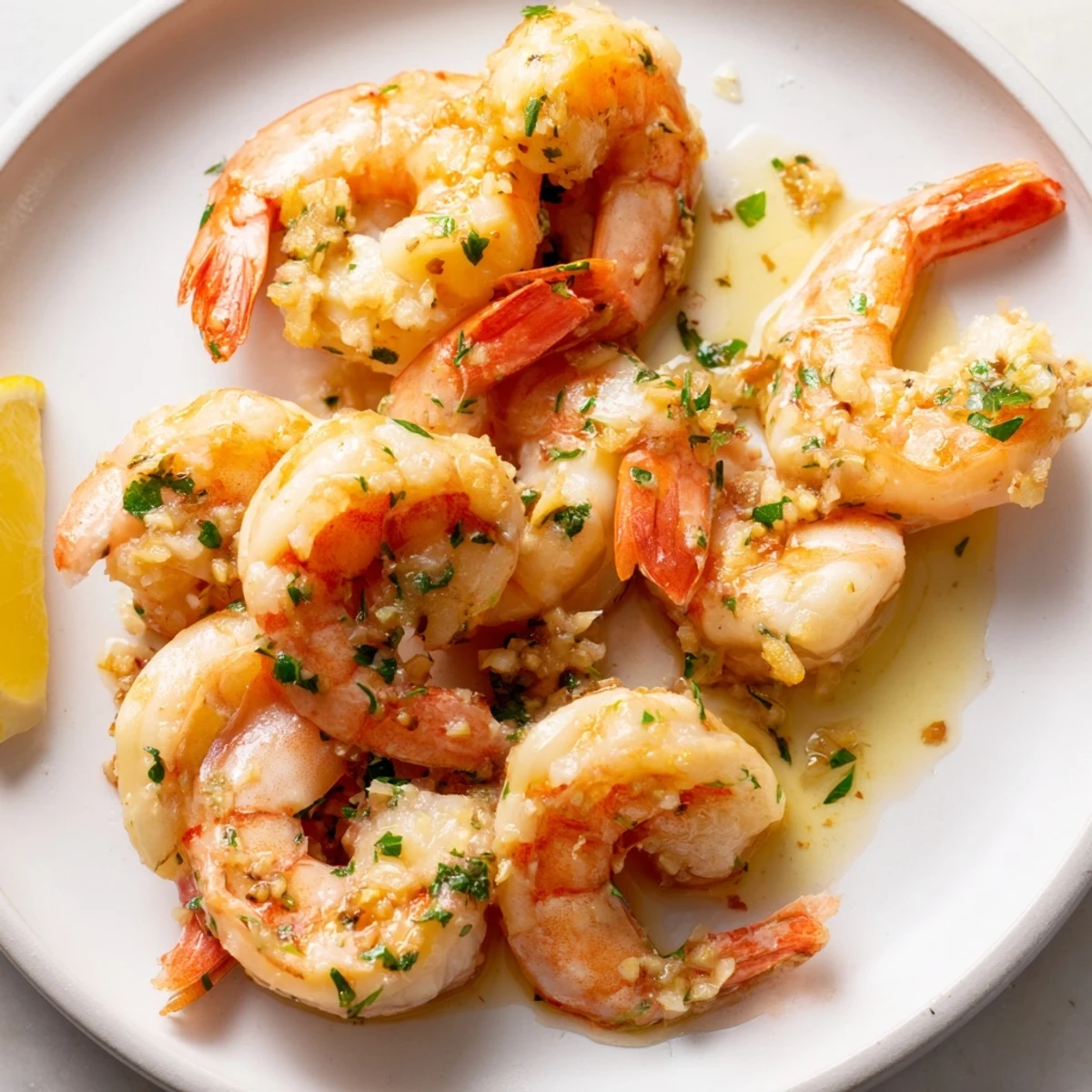 Golden buttered shrimp glistening in garlicky sauce with fresh parsley and lemon