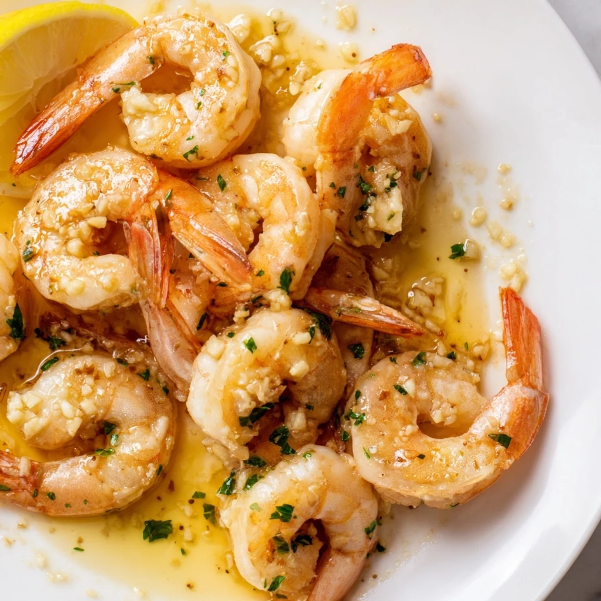 Plump buttered shrimp in a silky lemon garlic butter sauce ready for serving