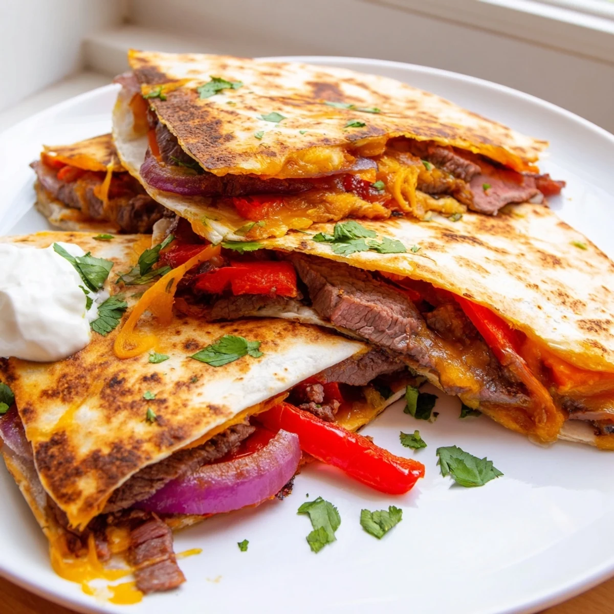Golden steak quesadillas with melted cheese and peppers on a wooden board