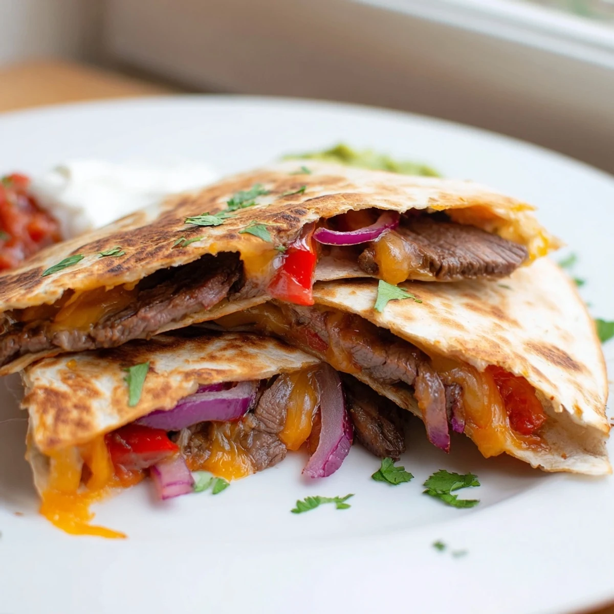 Steak quesadillas cut into triangles with guacamole and sour cream nearby