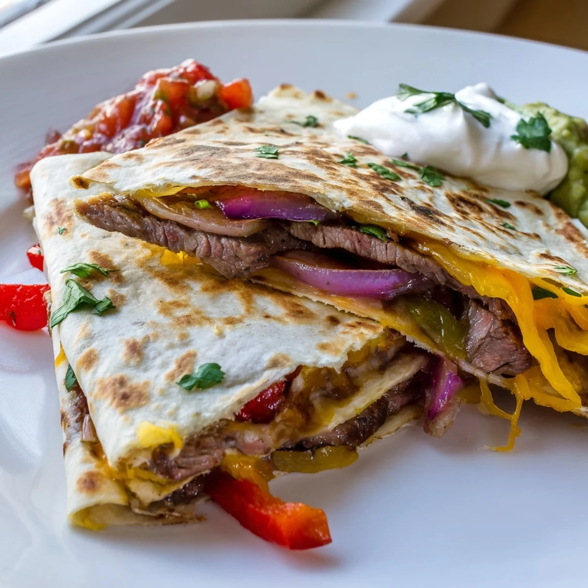 Crispy steak quesadillas oozing melted cheese beside fresh salsa and cilantro
