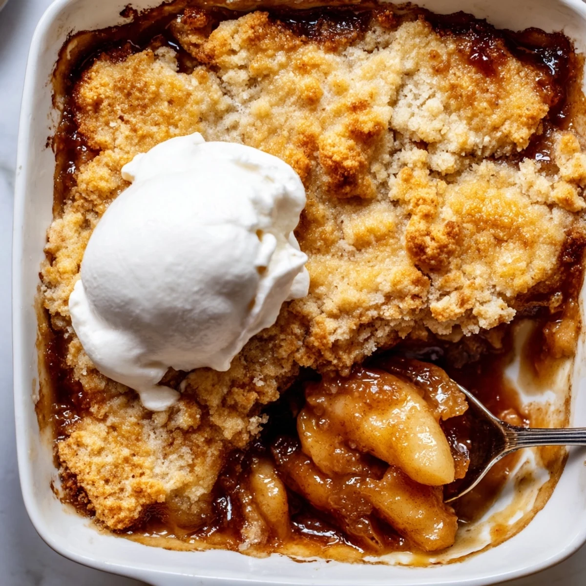 Warm Southern banana cobbler with caramelized bananas under a golden buttery crust