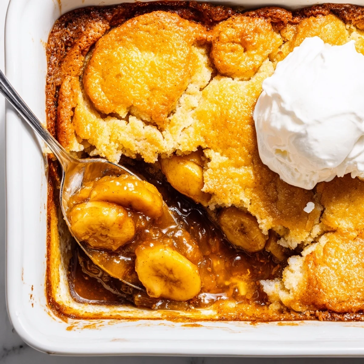 Cinnamon-spiced Southern banana cobbler served in a rustic baking dish with whipped cream
