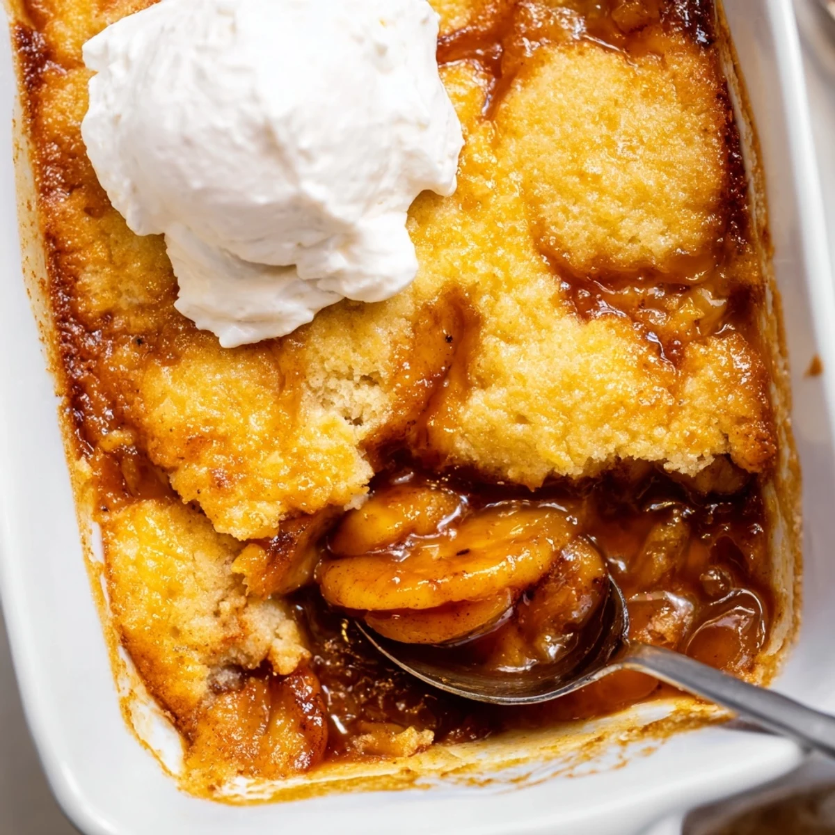 Southern banana cobbler fresh from the oven with melting vanilla ice cream