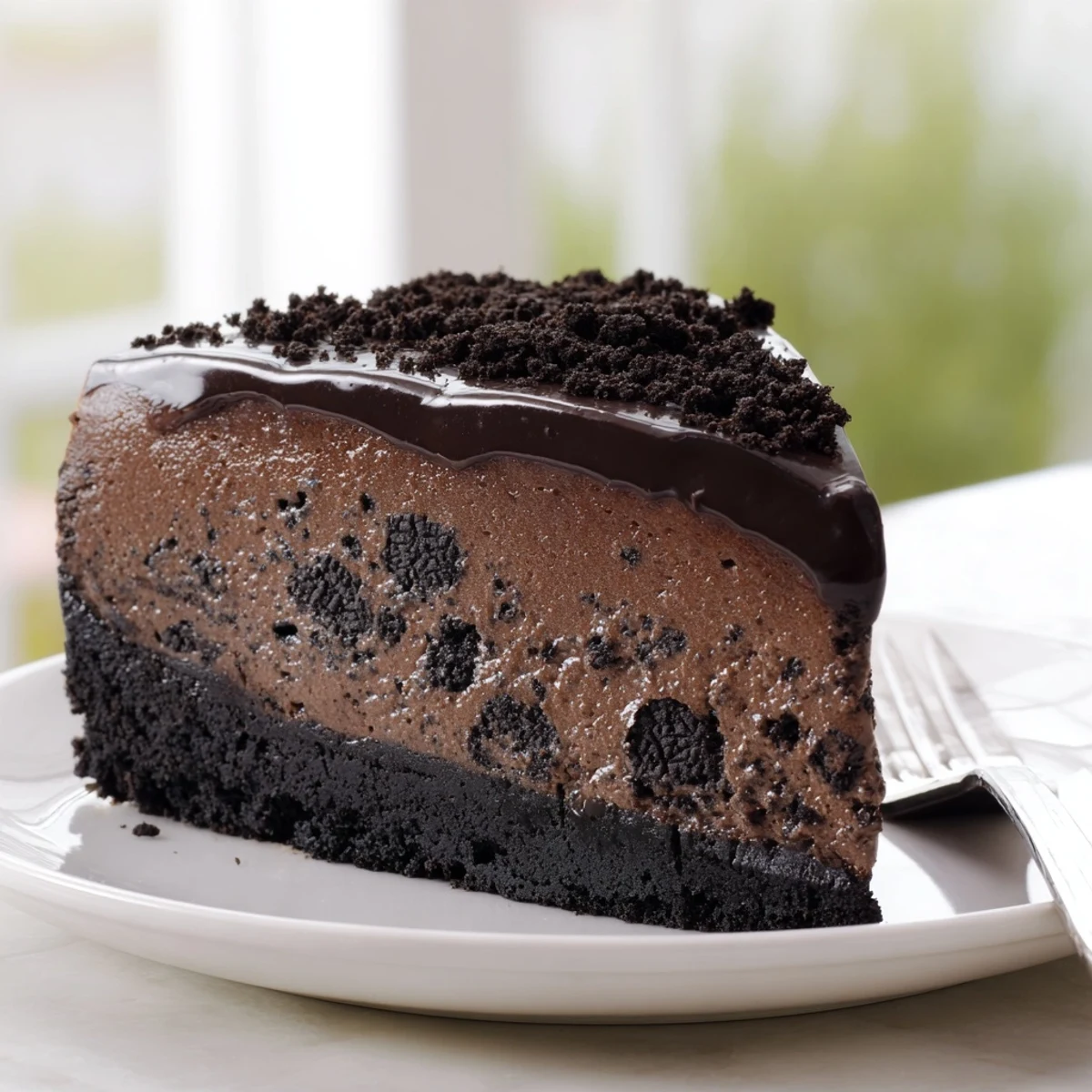 Creamy Oreo chocolate cheesecake sliced thick on a white dessert plate