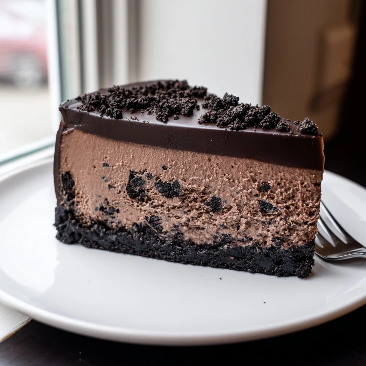 Rich Oreo chocolate cheesecake drizzled with glossy dark ganache and cookie crumbs