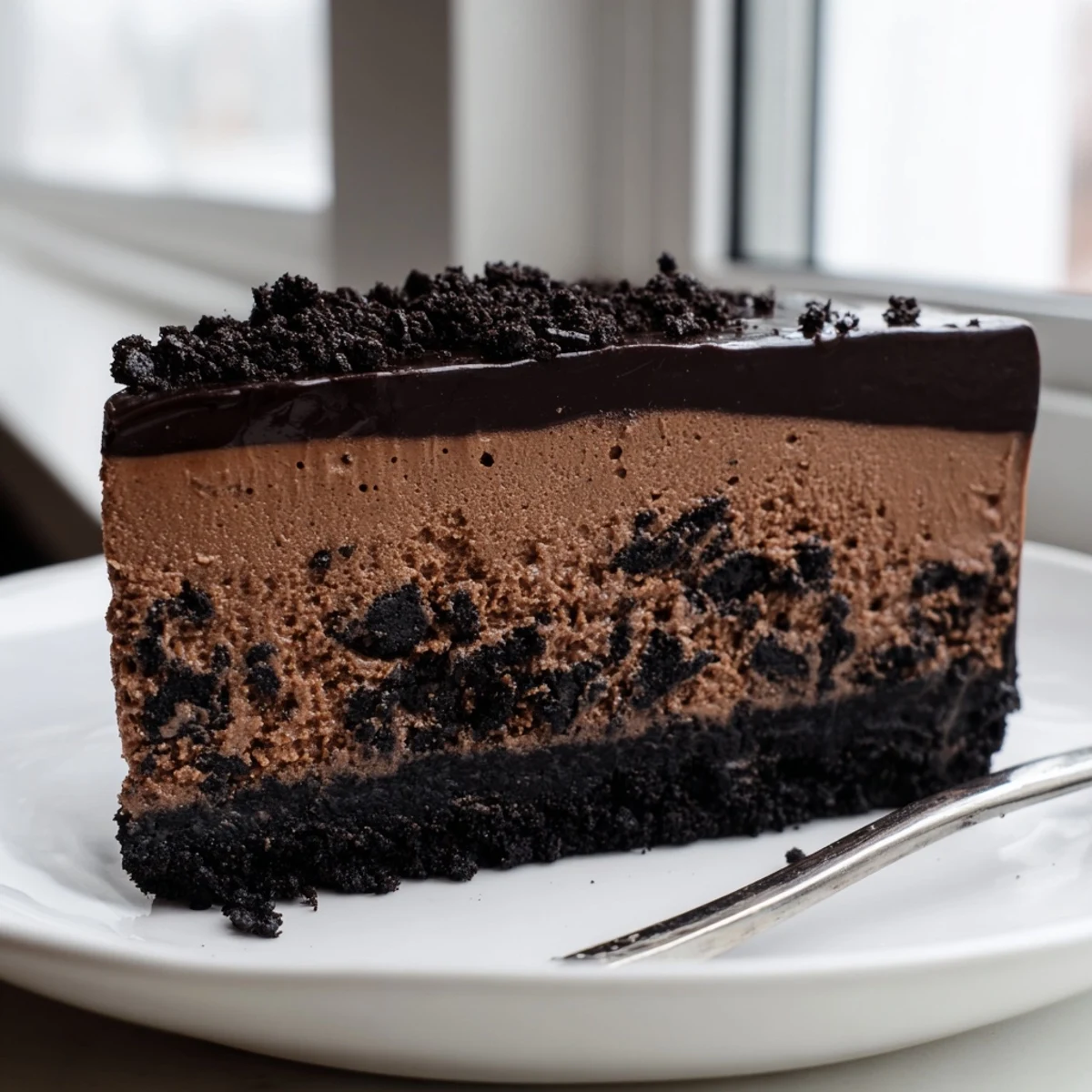 Decadent Oreo chocolate cheesecake topped with crushed cookies on a rustic board