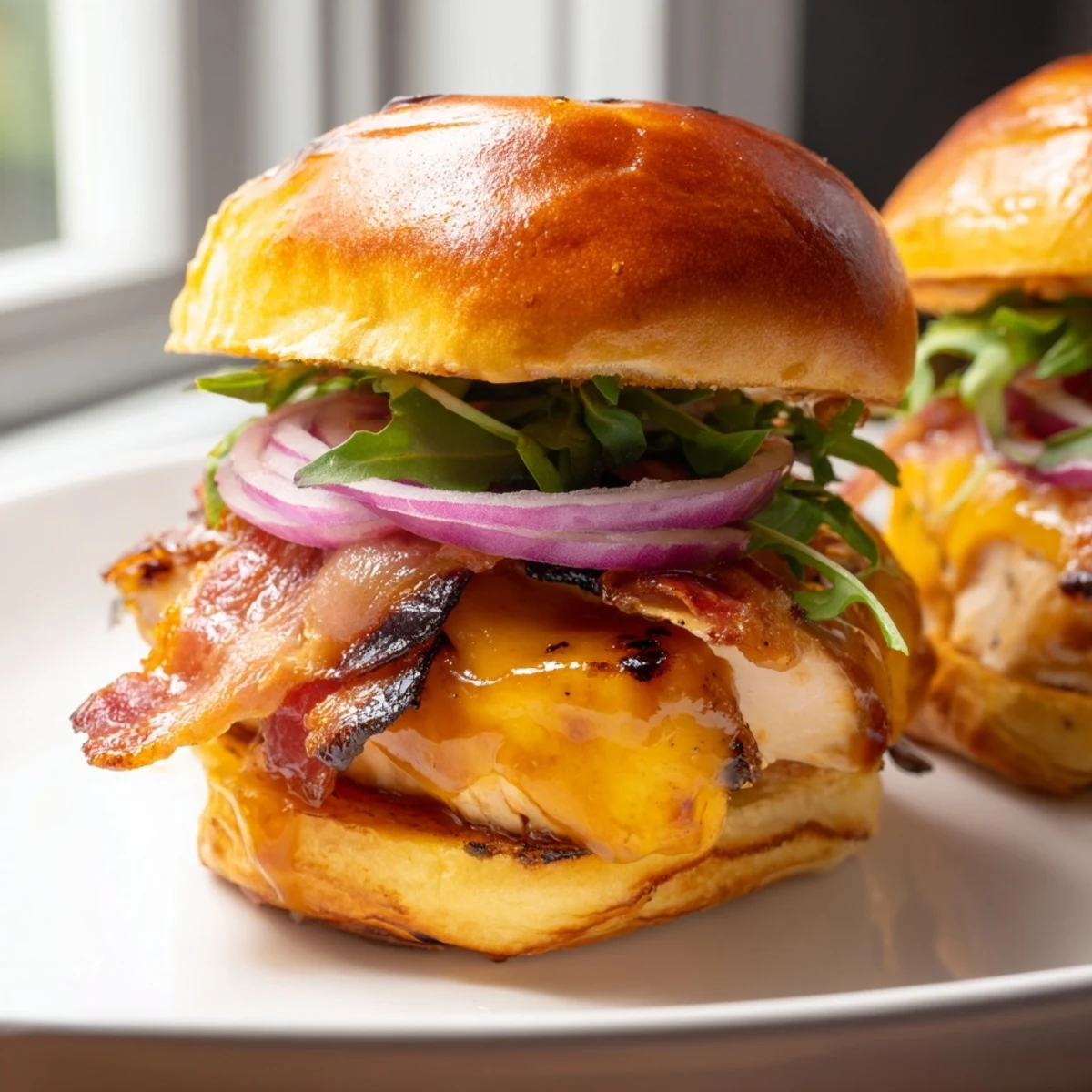 Maple chicken bacon sliders stacked on toasted buns with melted cheddar and fresh arugula