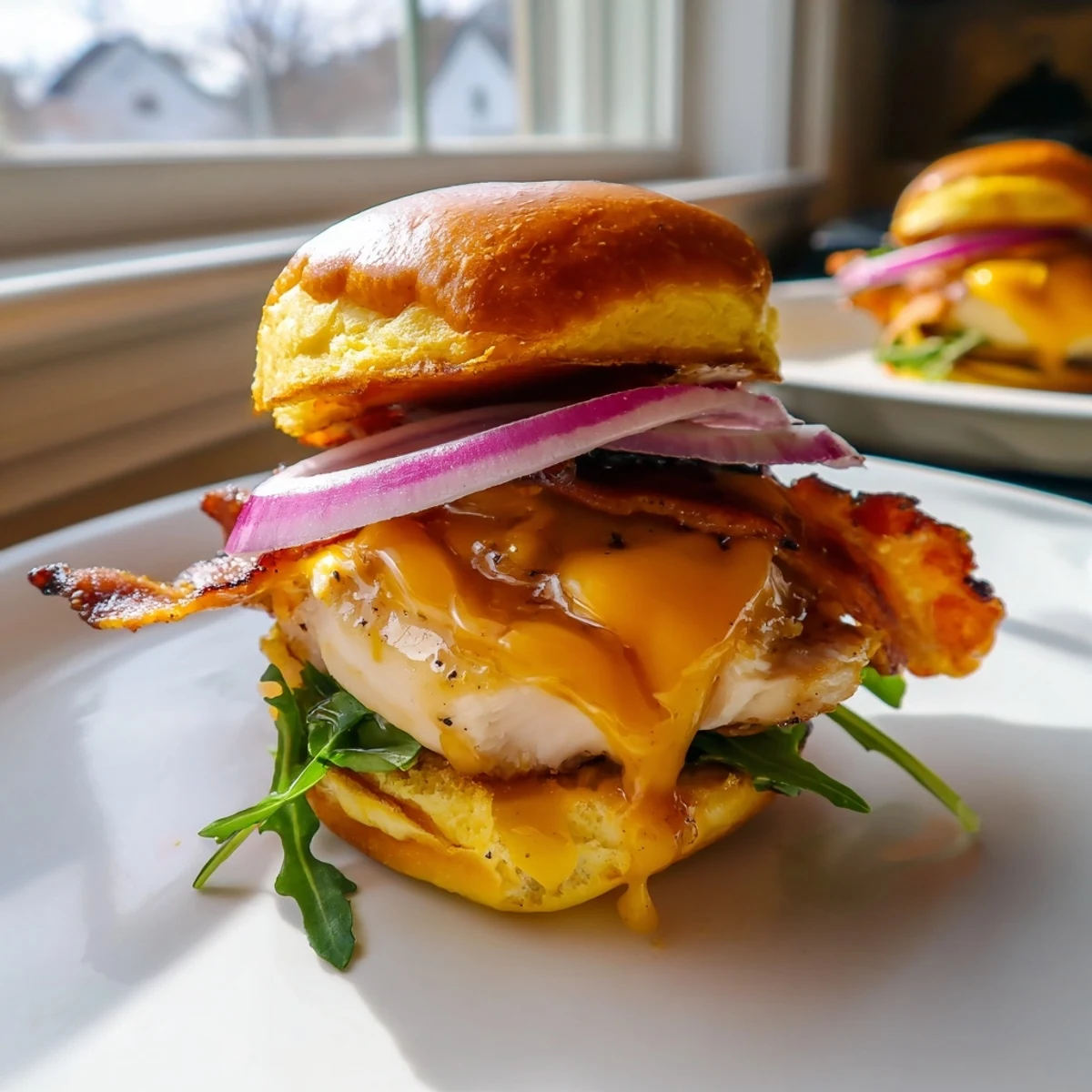 Golden maple chicken bacon sliders topped with crispy bacon on soft buttery slider buns