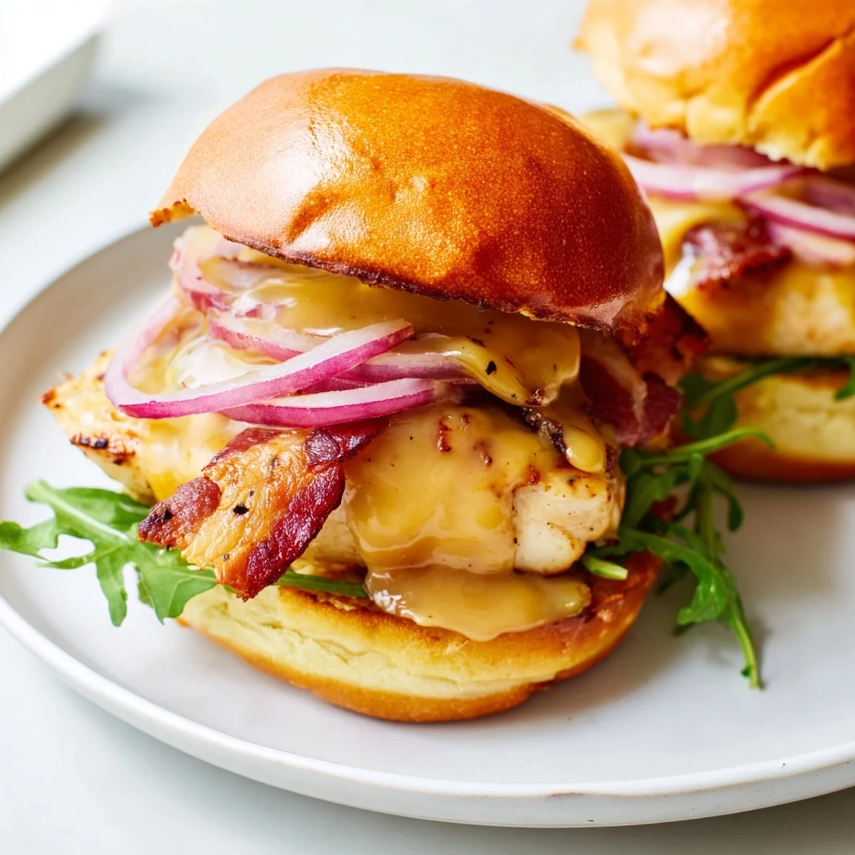 Glossy maple-glazed chicken bacon sliders garnished with red onion on a rustic wooden board