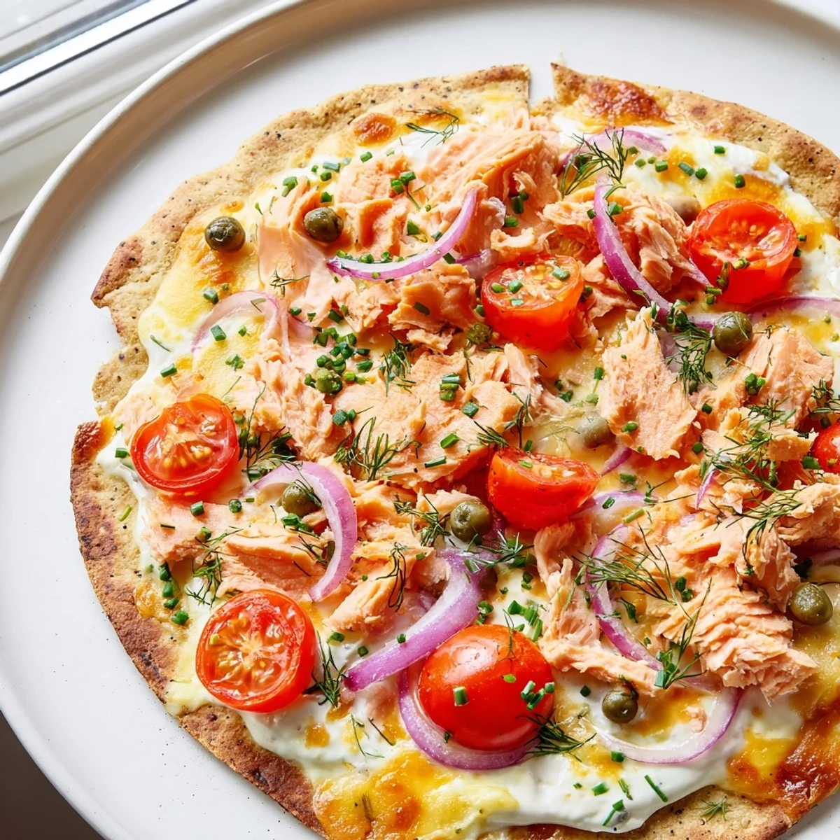 Crispy leftover salmon tortilla pizza with melted mozzarella and fresh dill garnish