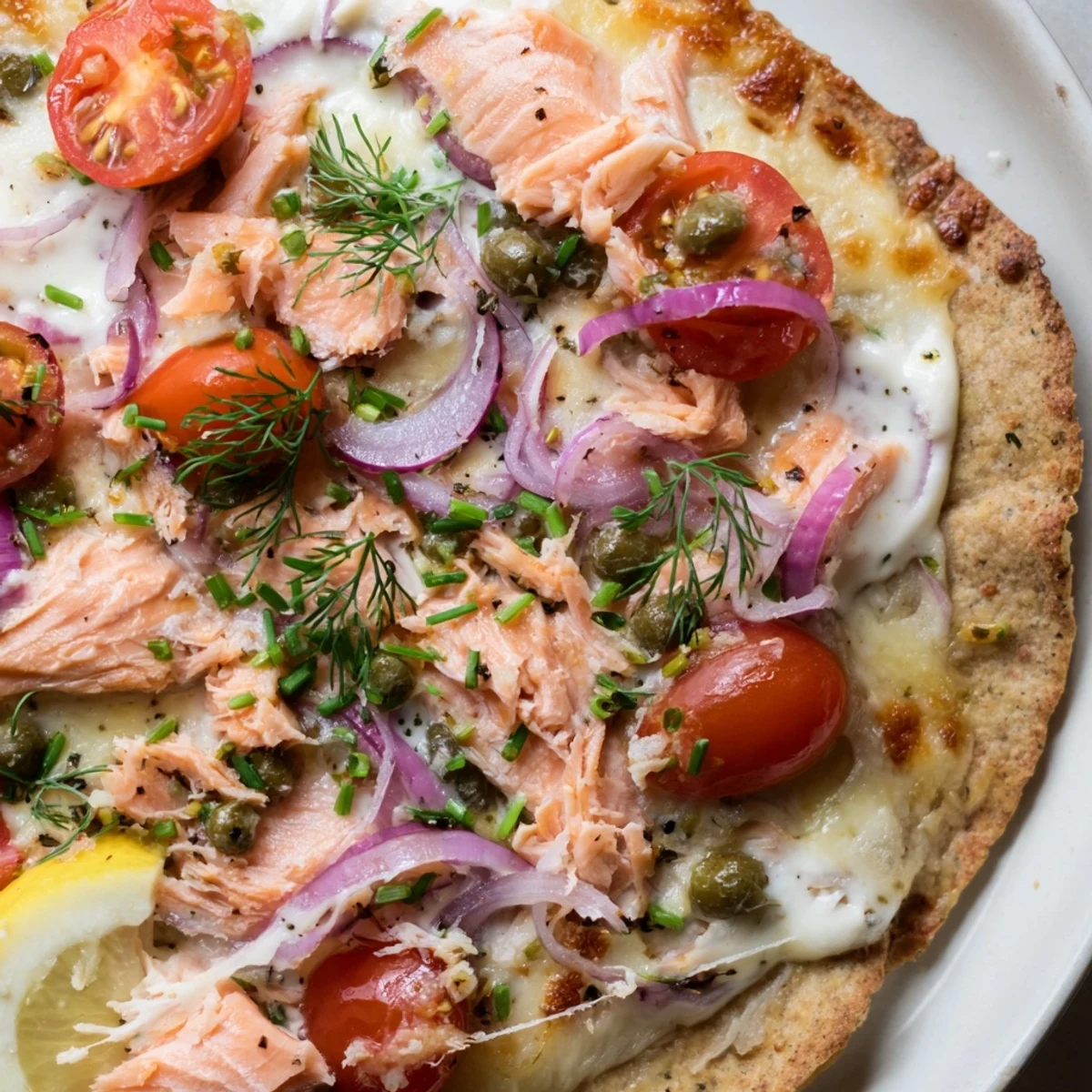 Creamy crème fraîche salmon tortilla pizza fresh from the oven with bubbling cheese