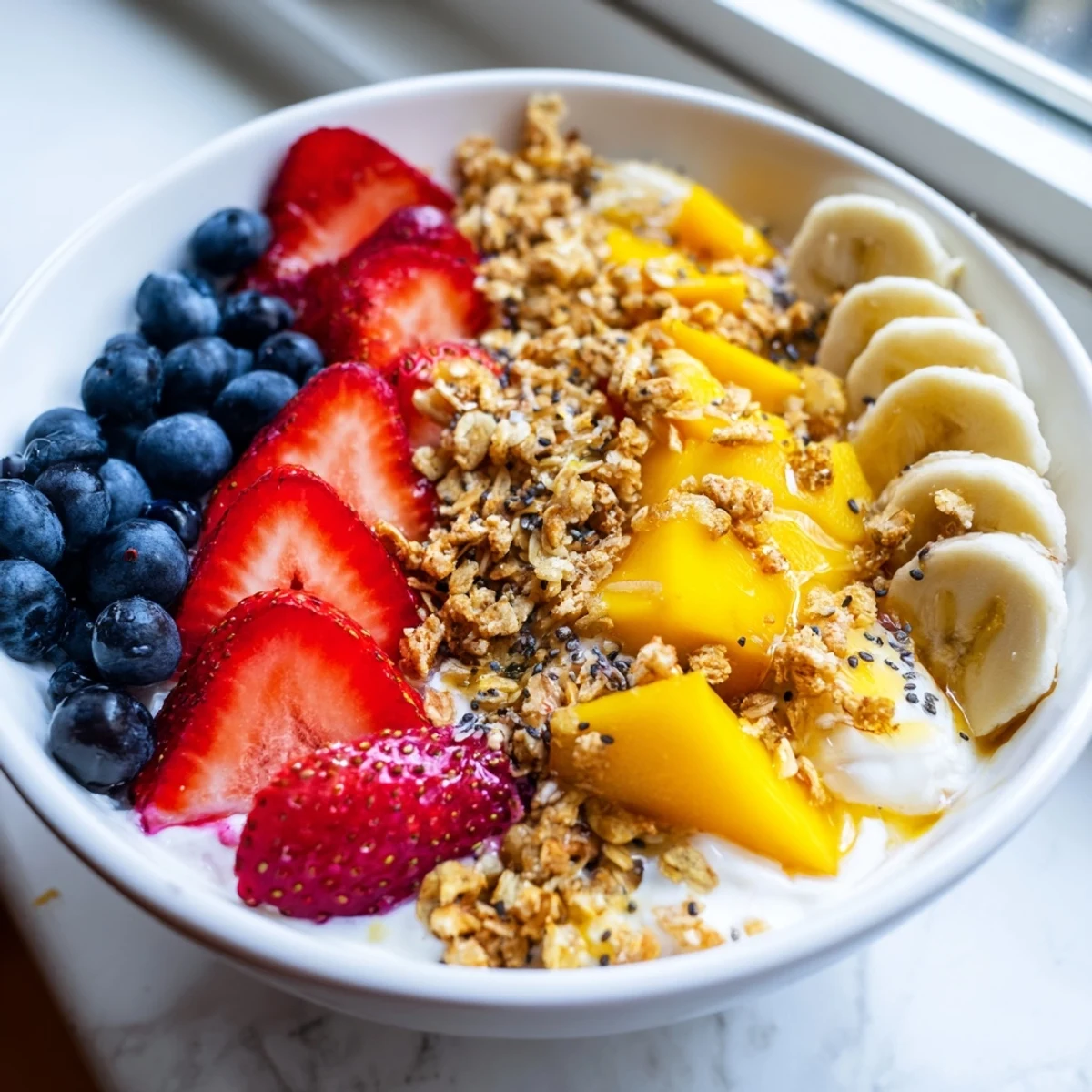 Creamy yogurt fruit bowl topped with vibrant strawberries, blueberries, and crunchy granola