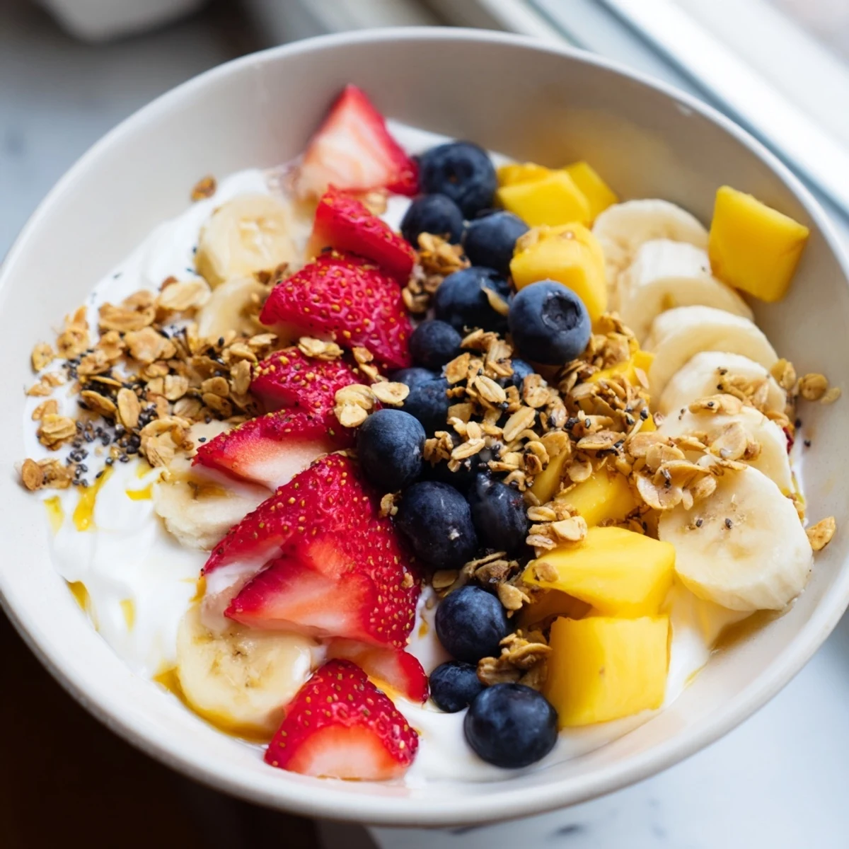 Colorful yogurt fruit bowl featuring sliced banana, ripe berries, and a sprinkling of chia seeds