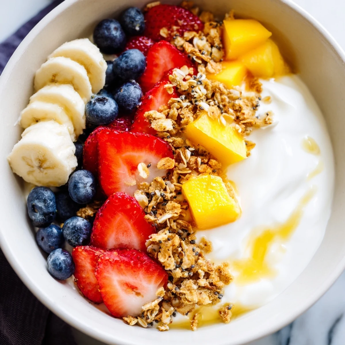 Thick Greek yogurt fruit bowl drizzled with honey and scattered with fresh mango