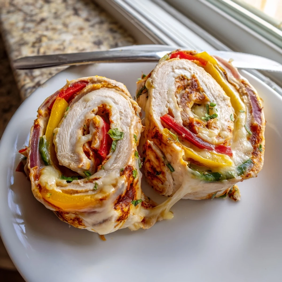 Golden baked chicken fajita roll ups with melted Monterey Jack and colorful peppers