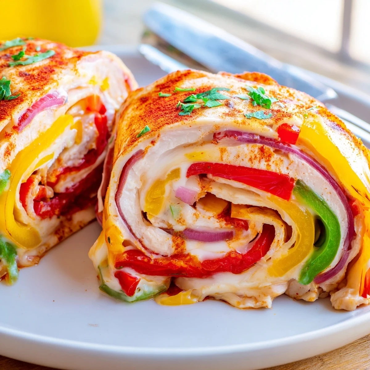 Juicy baked chicken fajita roll ups sliced open revealing tender peppers and bubbling cheese