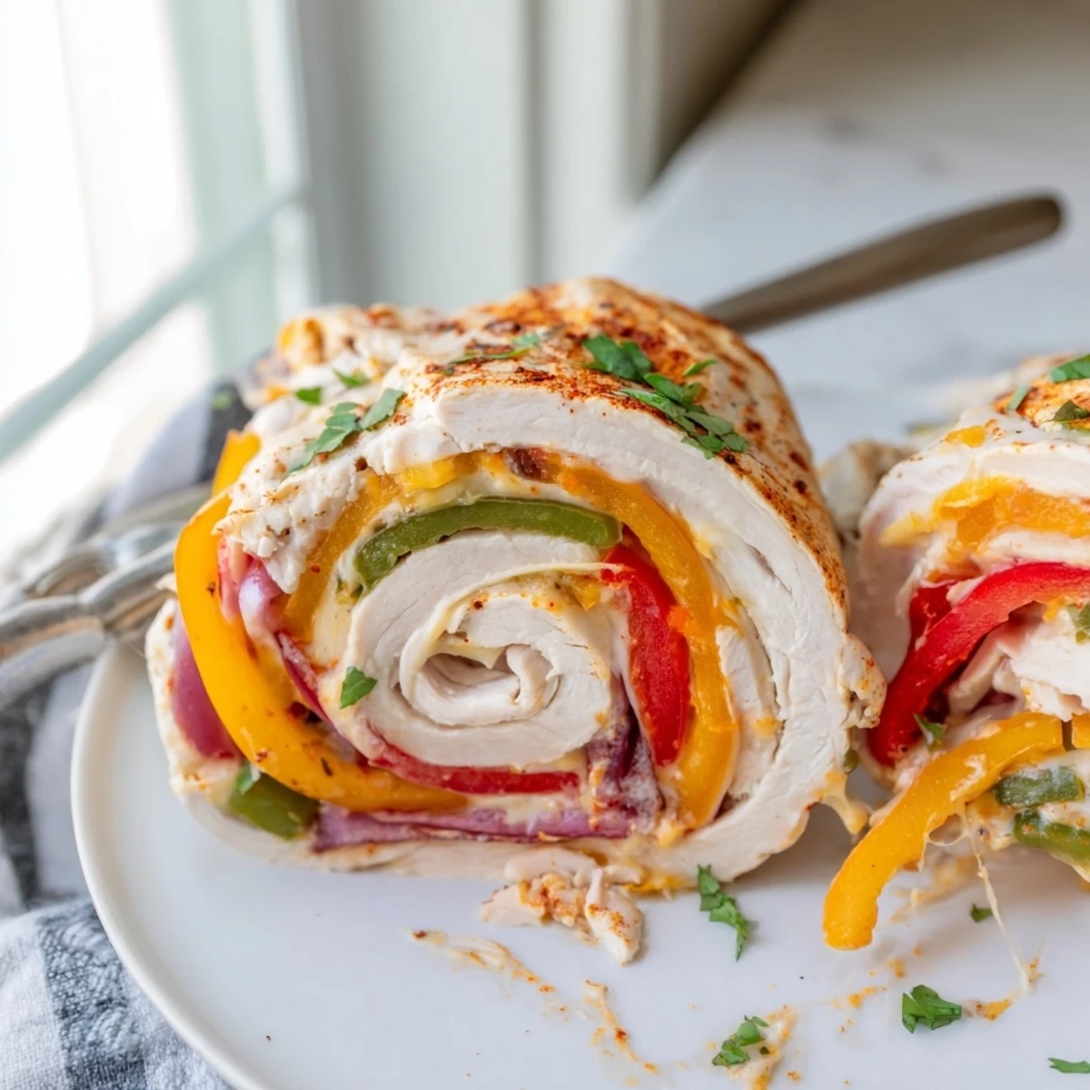 Cheesy baked chicken fajita roll ups garnished with cilantro and lime on a baking dish