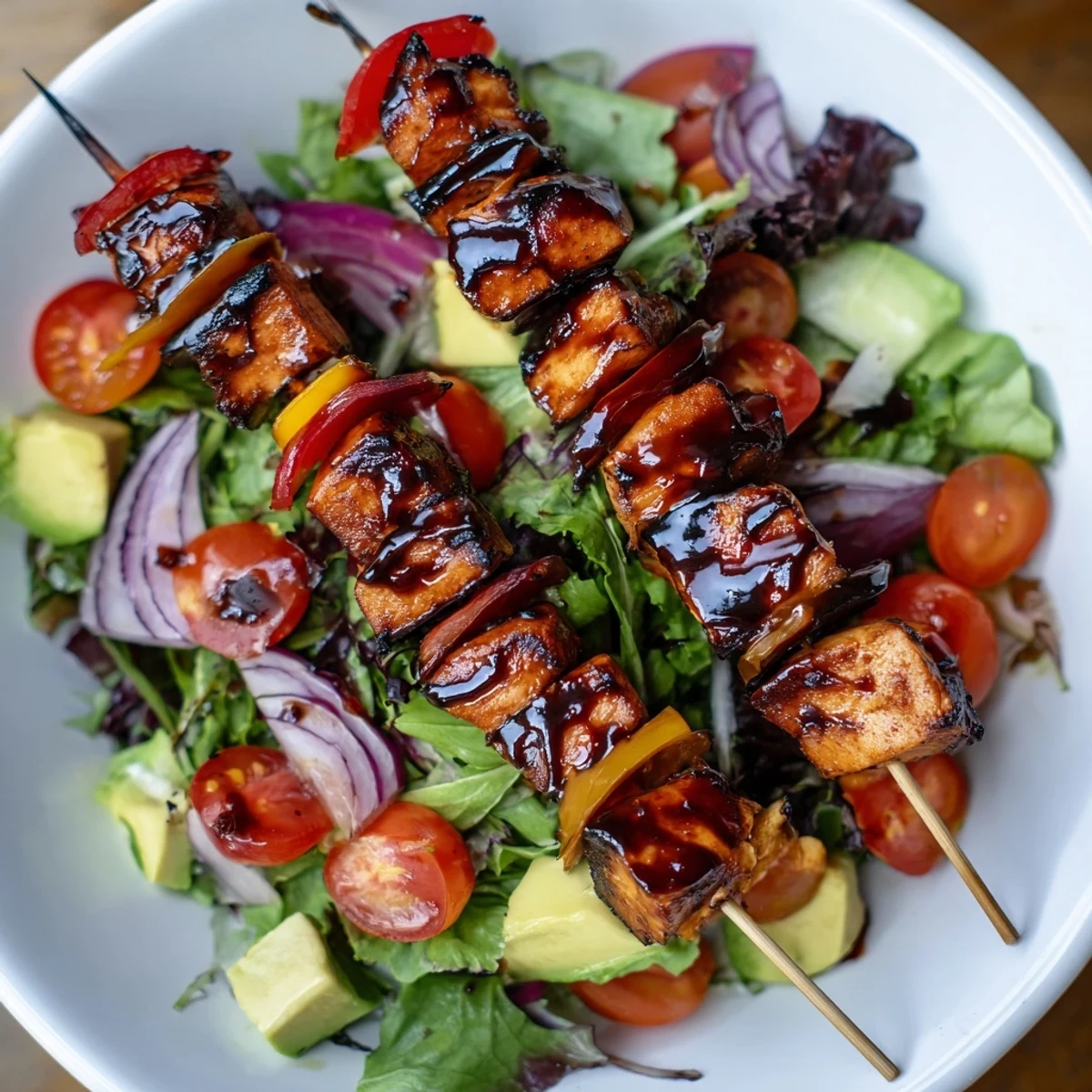 BBQ Chicken Skewer Salad with charred edges resting on crisp mixed greens and colorful vegetables