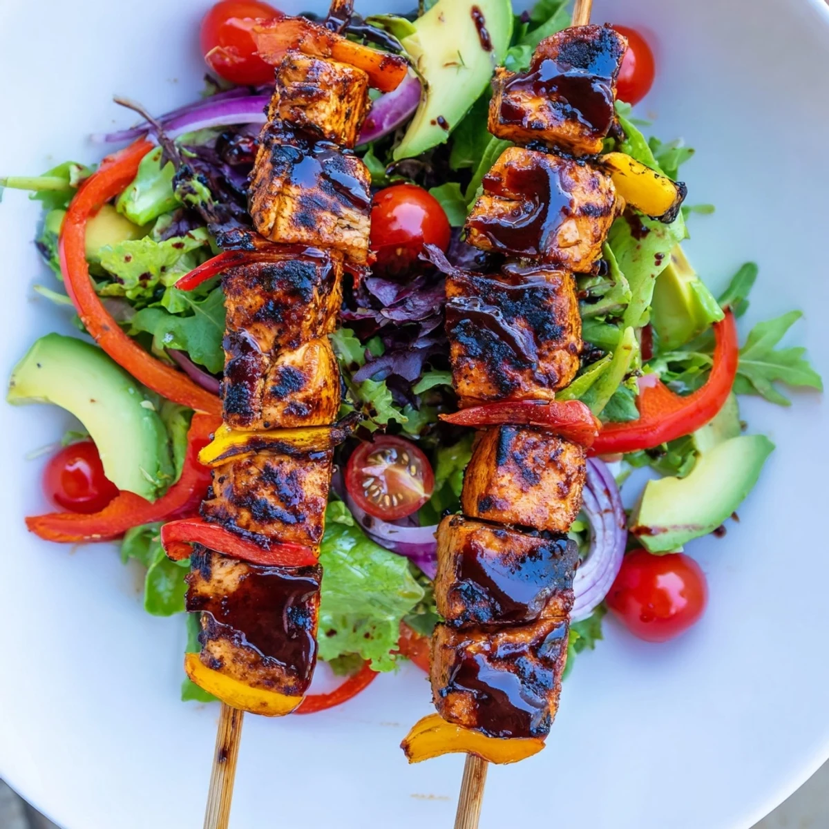 Juicy BBQ Chicken Skewer Salad topped with sliced avocado, cherry tomatoes, and tangy honey mustard dressing