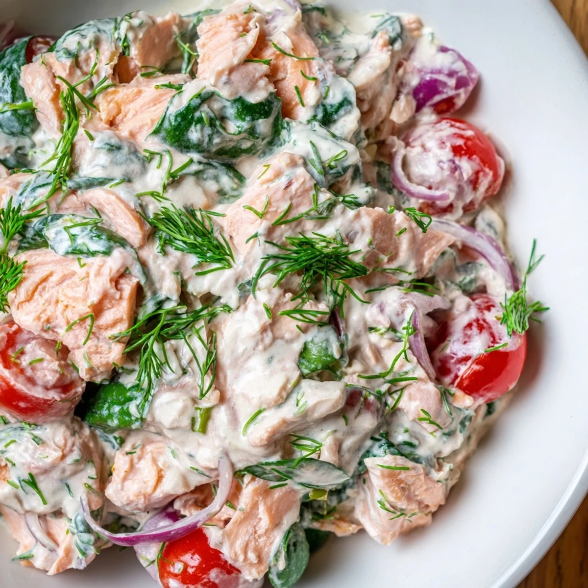 Healthy creamy leftover salmon recipe served in a bowl topped with fresh dill and chives
