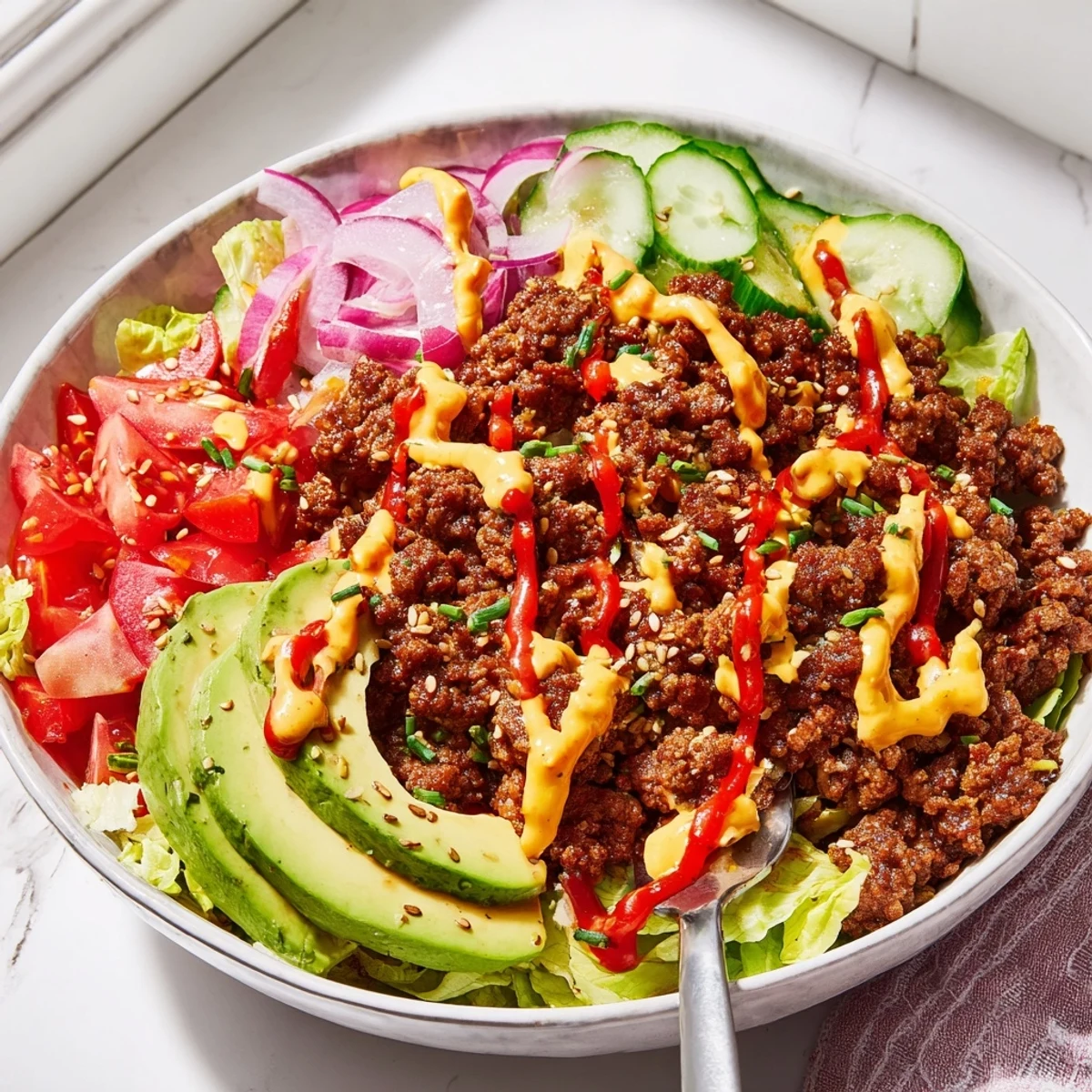 Colorful burger bowls with seasoned ground beef, melted cheddar, and fresh avocado slices