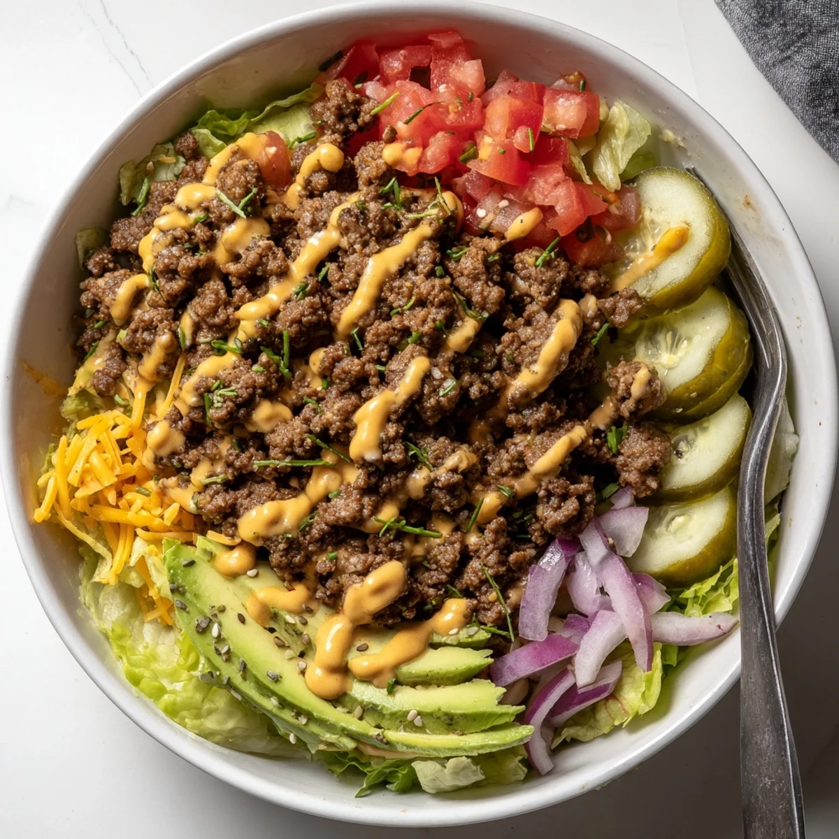 Hearty burger bowls loaded with crisp lettuce, juicy tomatoes, and tangy pickle toppings