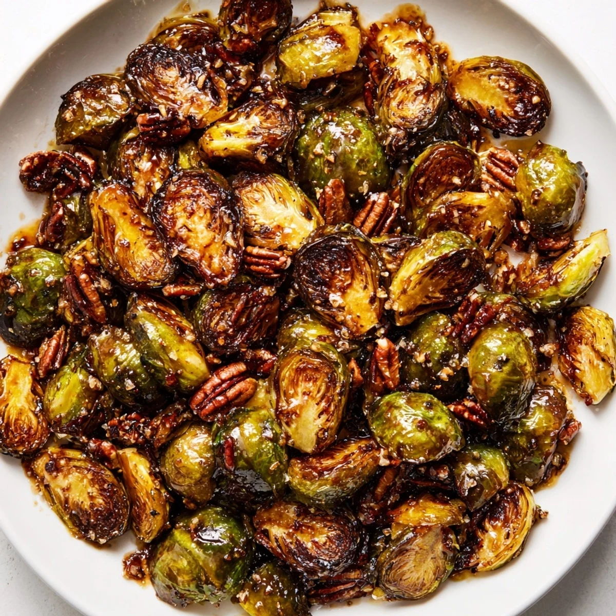 Golden caramelized honey balsamic Brussels sprouts roasted crisp on a parchment-lined sheet pan.