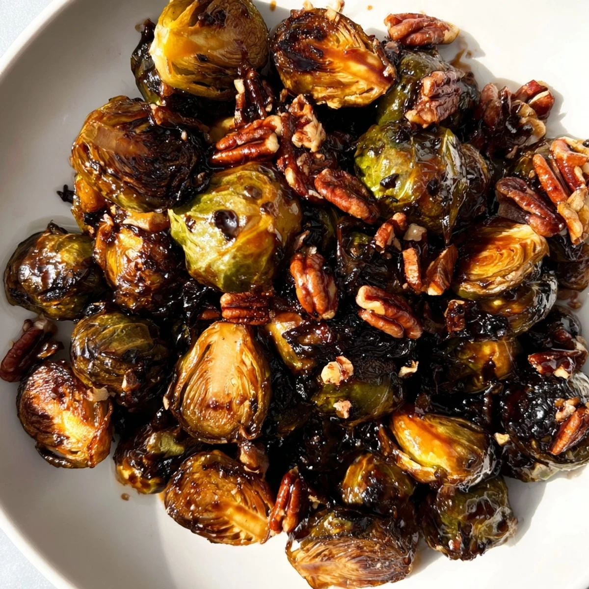 Crispy honey balsamic Brussels sprouts glistening with glaze and sprinkled with toasted pecans.