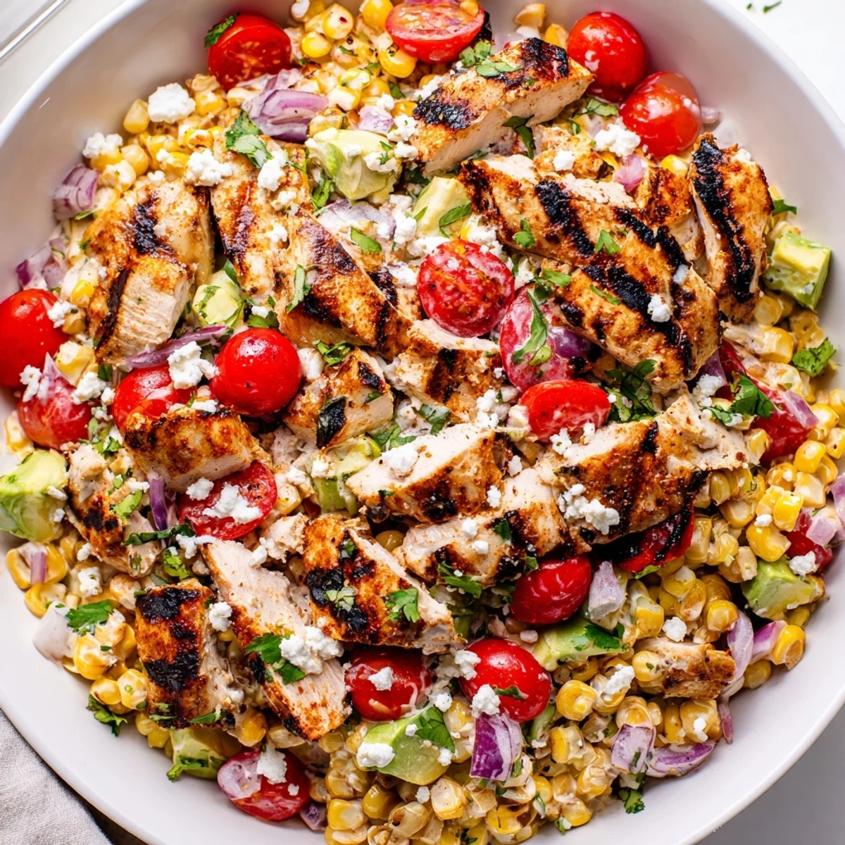 High Protein Chicken Street Corn Salad loaded with charred corn and creamy lime dressing