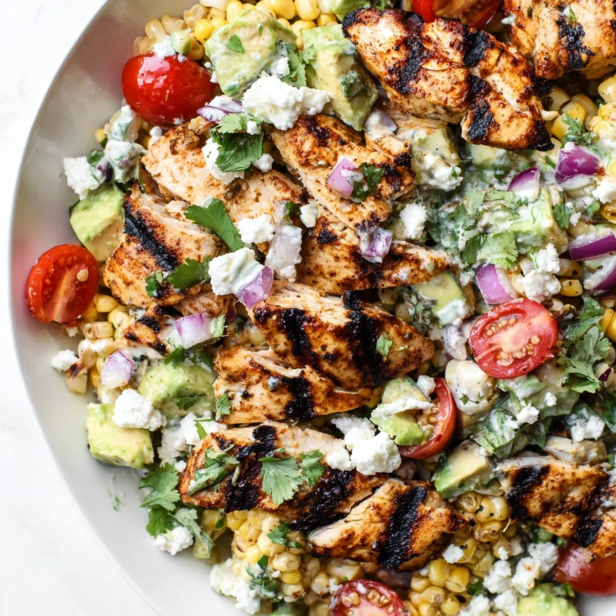 High Protein Chicken Street Corn Salad served in a rustic bowl with grilled chicken