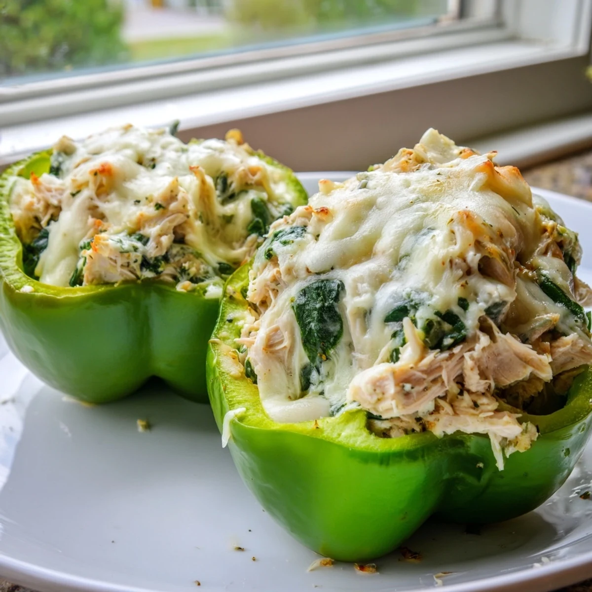 Golden baked chicken Florentine stuffed peppers with melted mozzarella on top