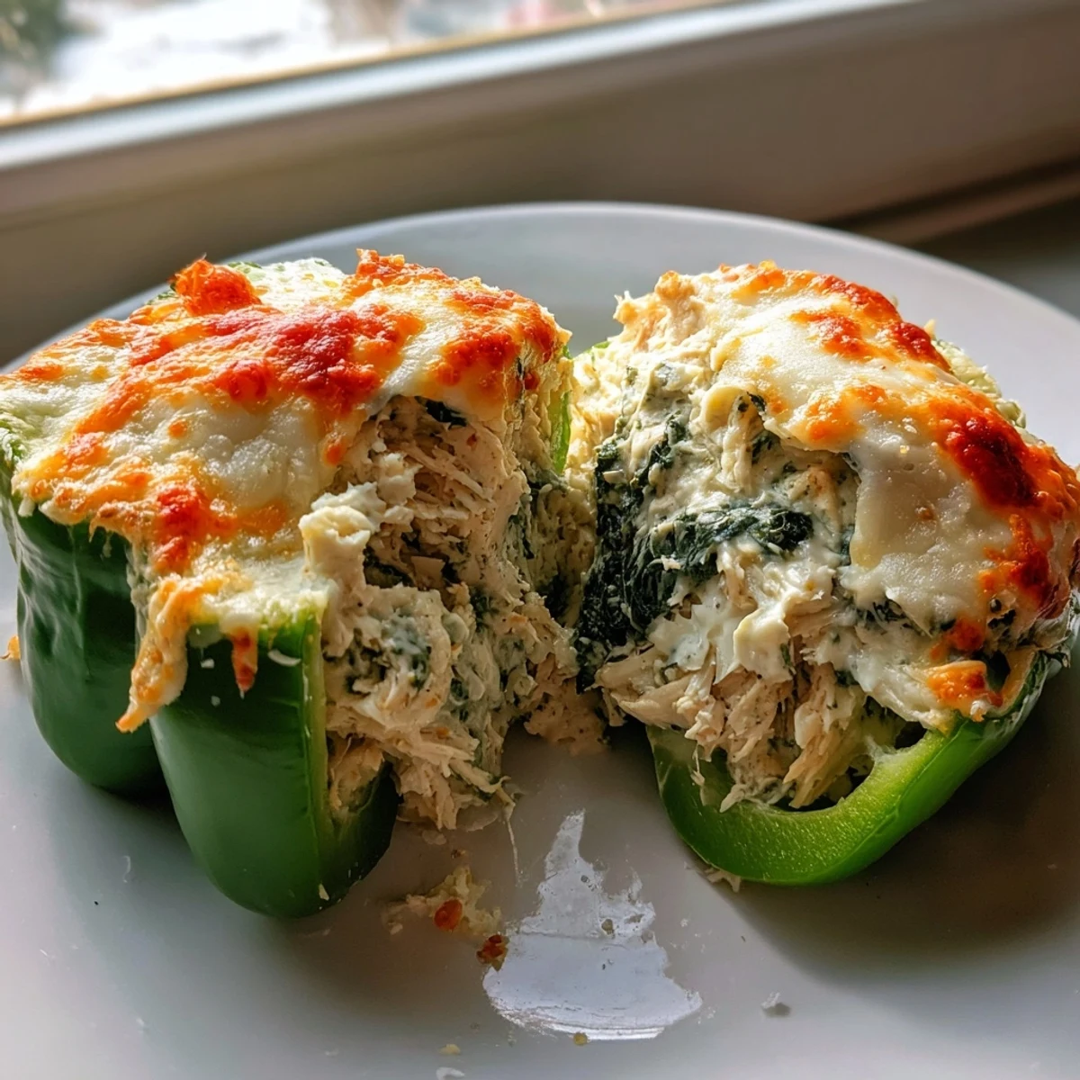 Colorful bell peppers filled with creamy chicken Florentine and bubbling cheese