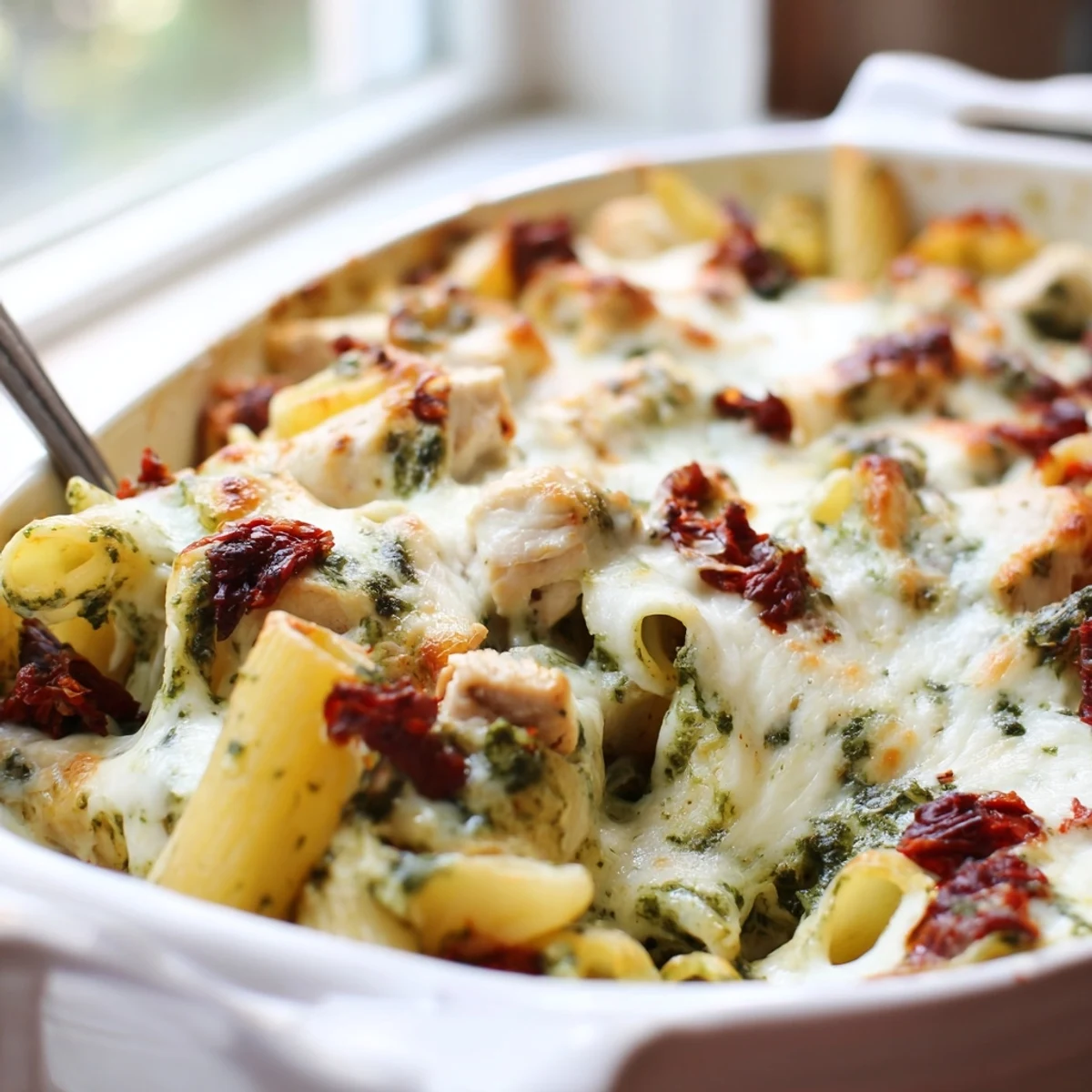 Golden bubbling pesto chicken pasta bake with melted mozzarella and fresh basil garnish