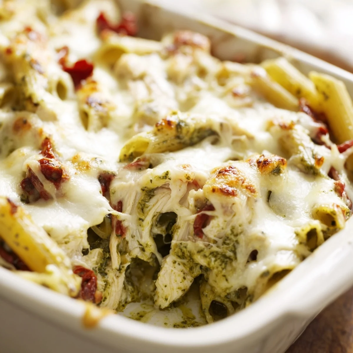 Creamy pesto chicken pasta bake scooped from a cast iron baking dish
