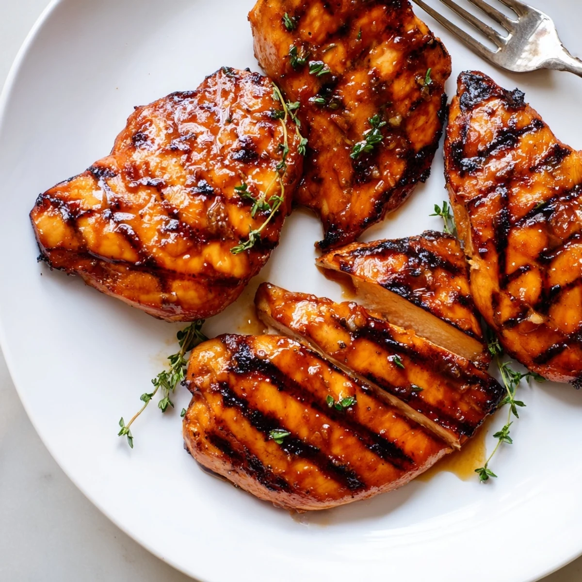 Caramelized maple Dijon grilled chicken with charred crosshatch marks on a rustic wooden board