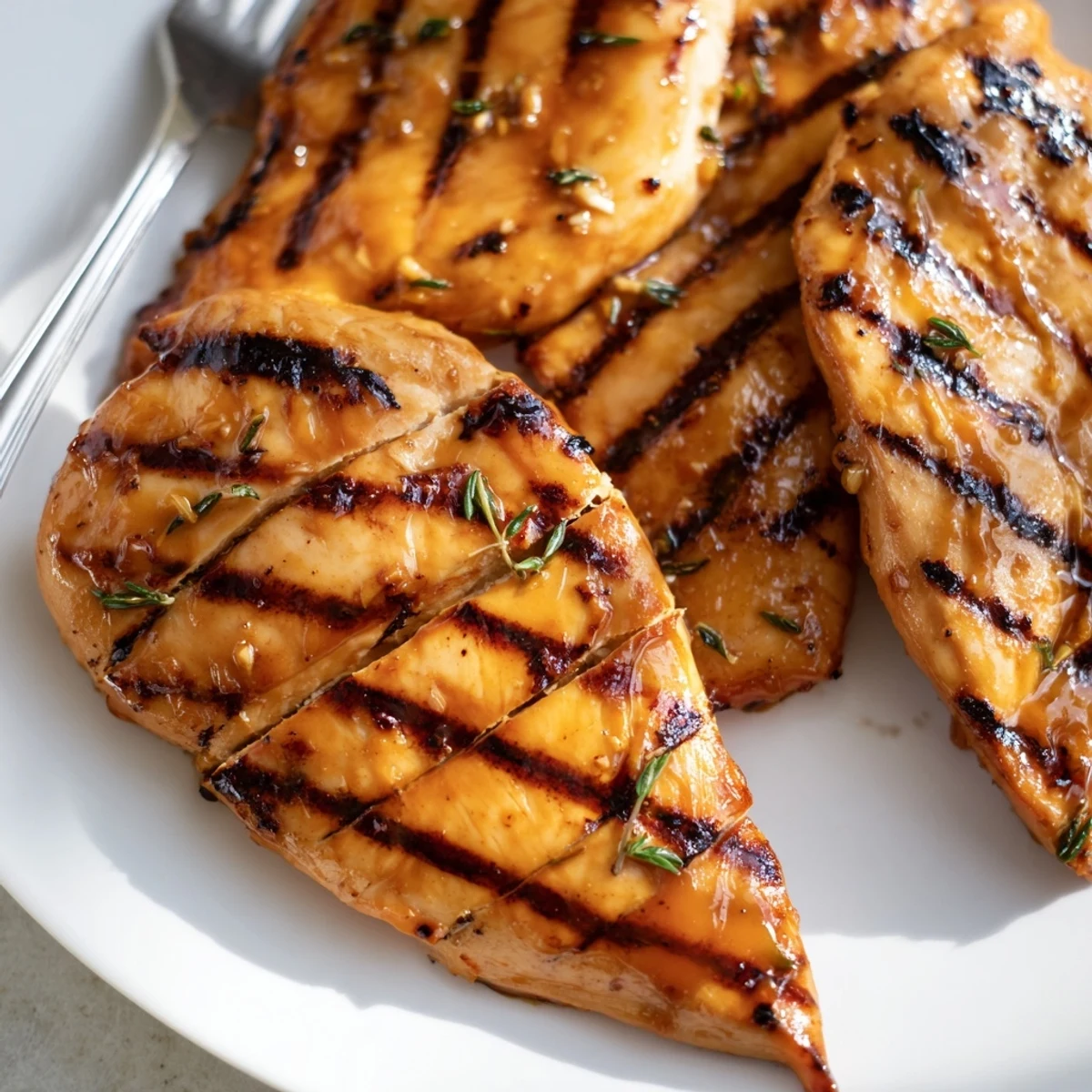 Golden maple Dijon grilled chicken sliced open revealing tender juicy meat with fresh herbs