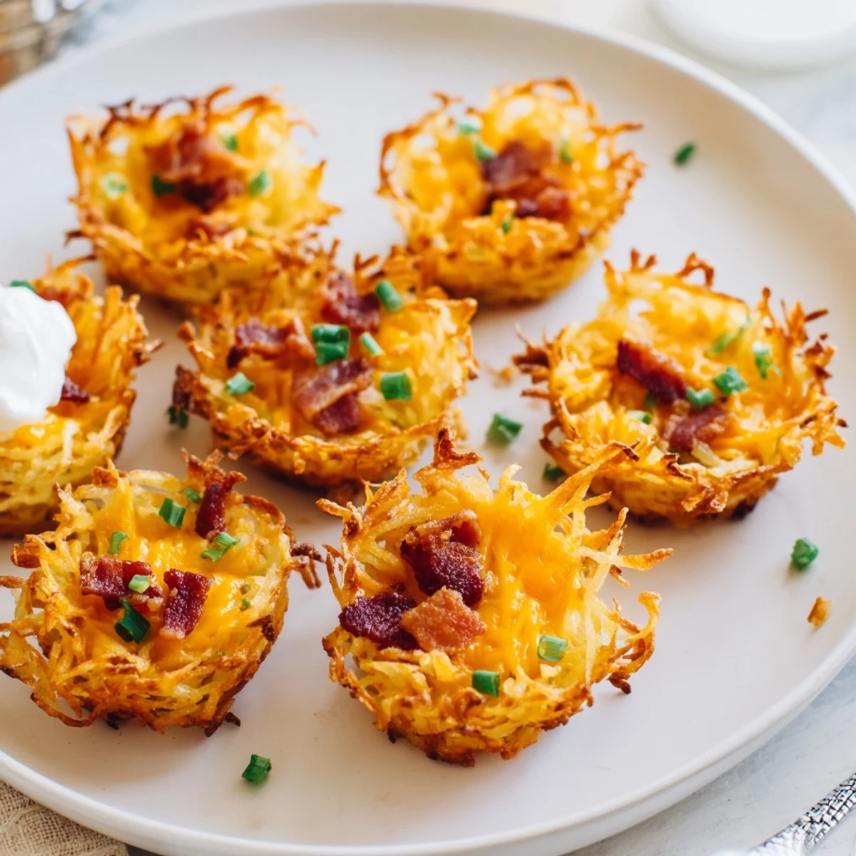Golden cheesy loaded hashbrown bites fresh from the oven with crispy edges