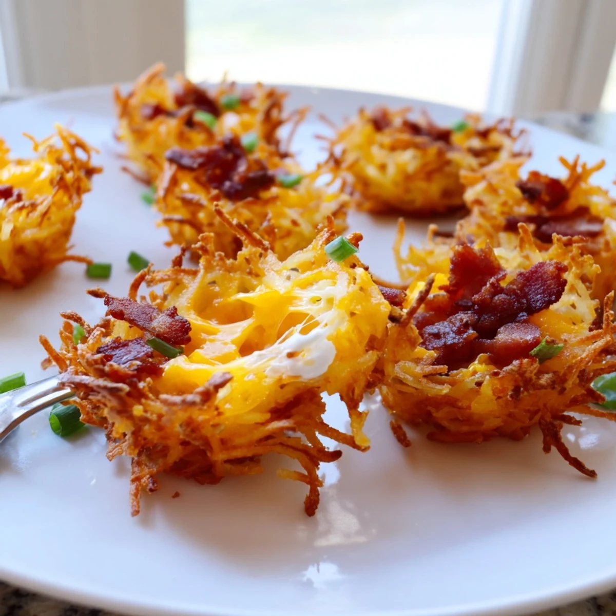 Crispy hashbrown bites overflowing with melted cheddar, bacon, and green onions
