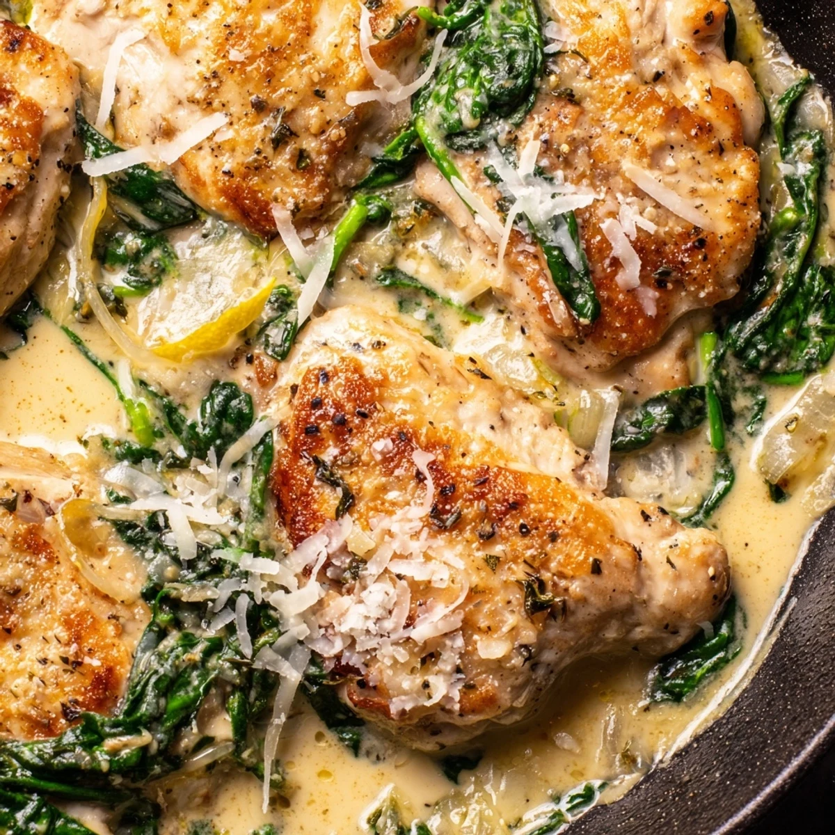 Golden seared Lemon Parmesan Spinach Chicken nestled in a creamy, garlicky spinach sauce.
