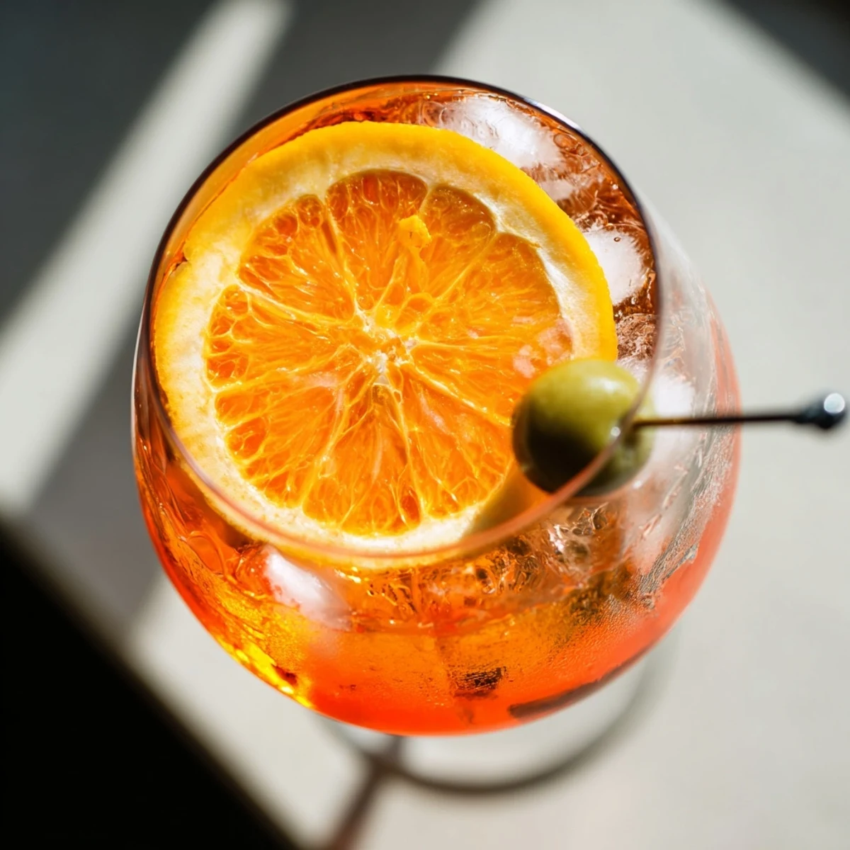 A vibrant Spritz cocktail with orange slice garnish over ice.