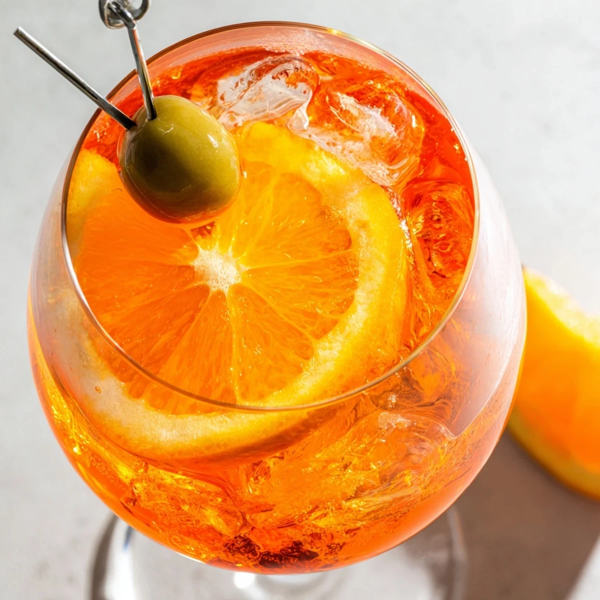 Glass of Spritz topped with fresh orange slice and green olive.