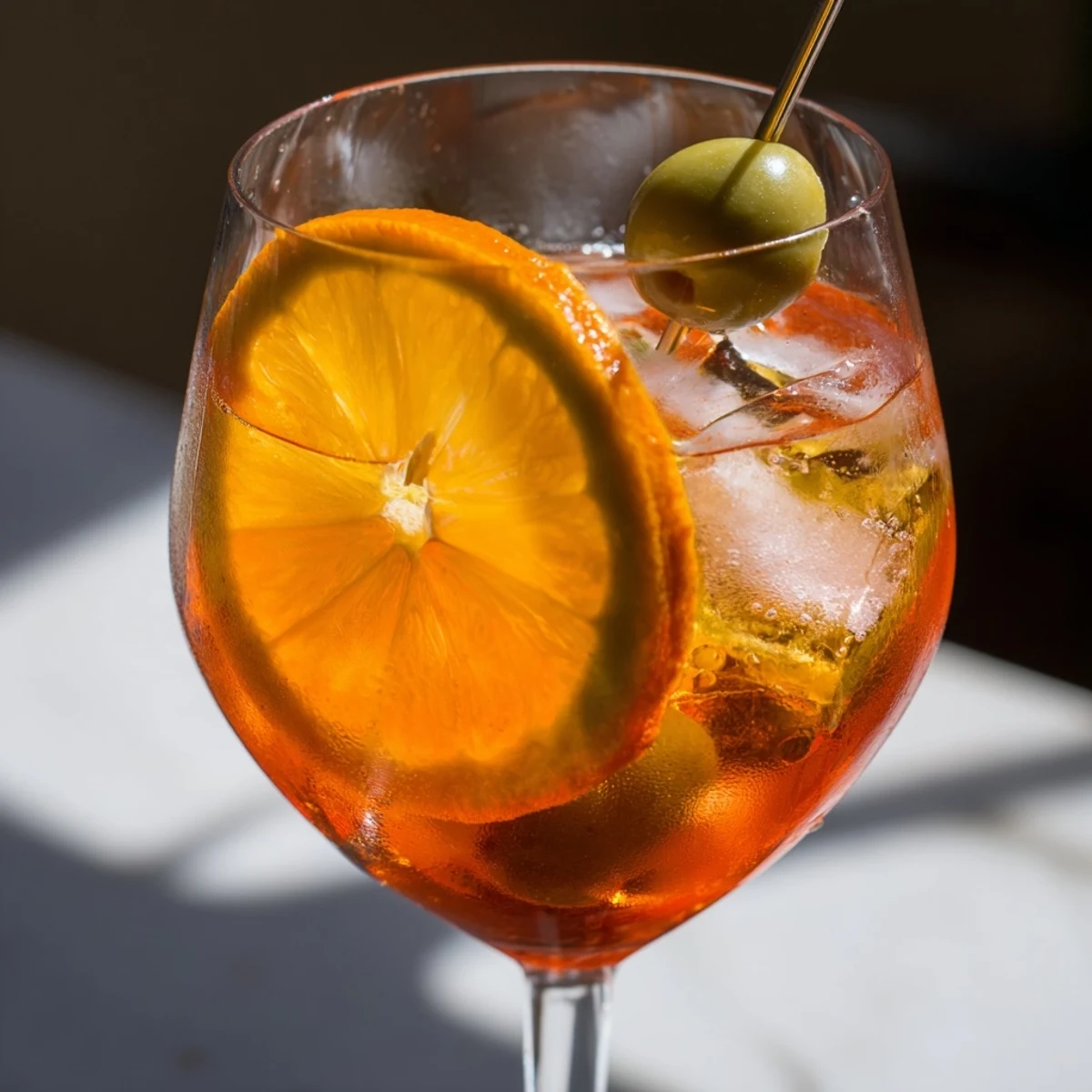 Refreshing Italian Spritz with Prosecco, Aperol, soda, and orange garnish.