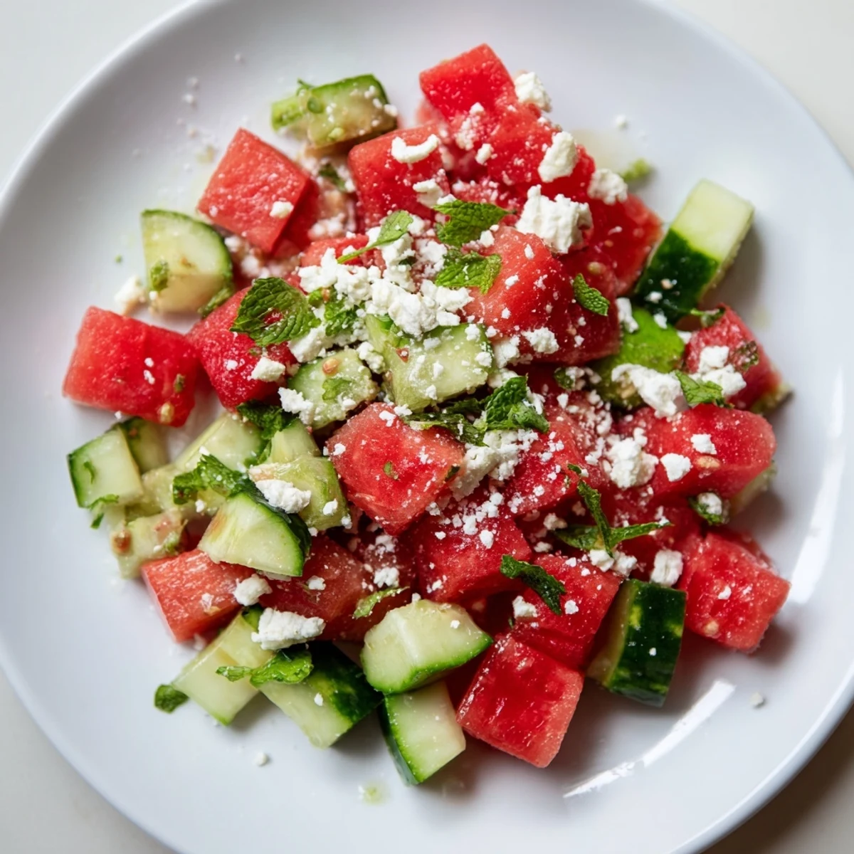 Colorful watermelon cucumber salad topped with crumbled feta and fresh mint leaves.  