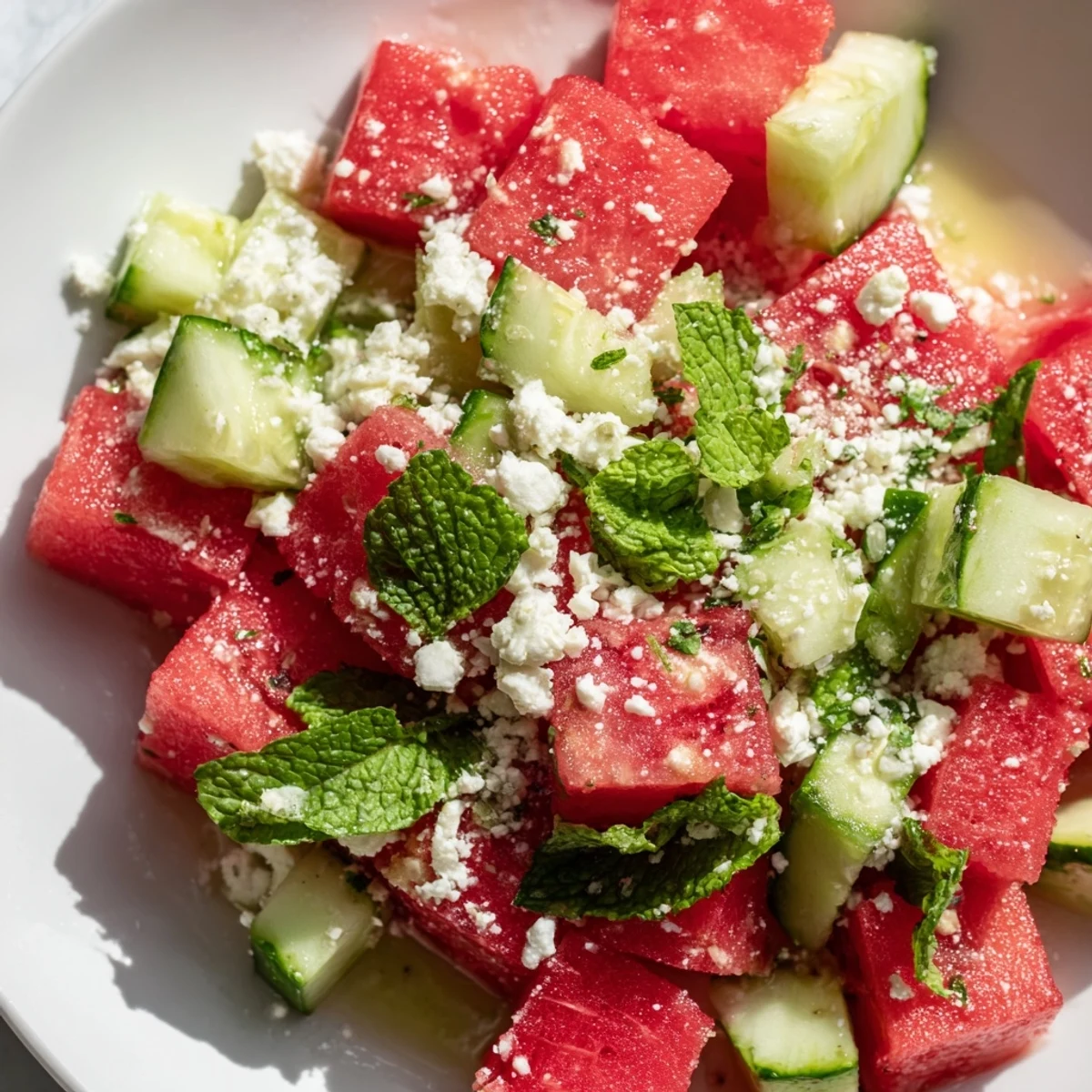 Crisp watermelon cucumber salad drizzled with lime juice and olive oil for summer.