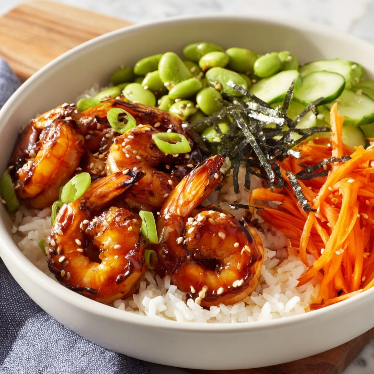 Succulent teriyaki shrimp glazed in sauce served over fluffy white rice with crisp vegetables  