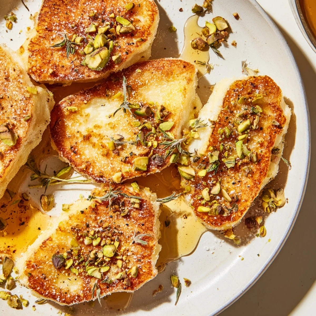 Crispy fried Honey Halloumi topped with fresh herbs and a generous honey glaze.  