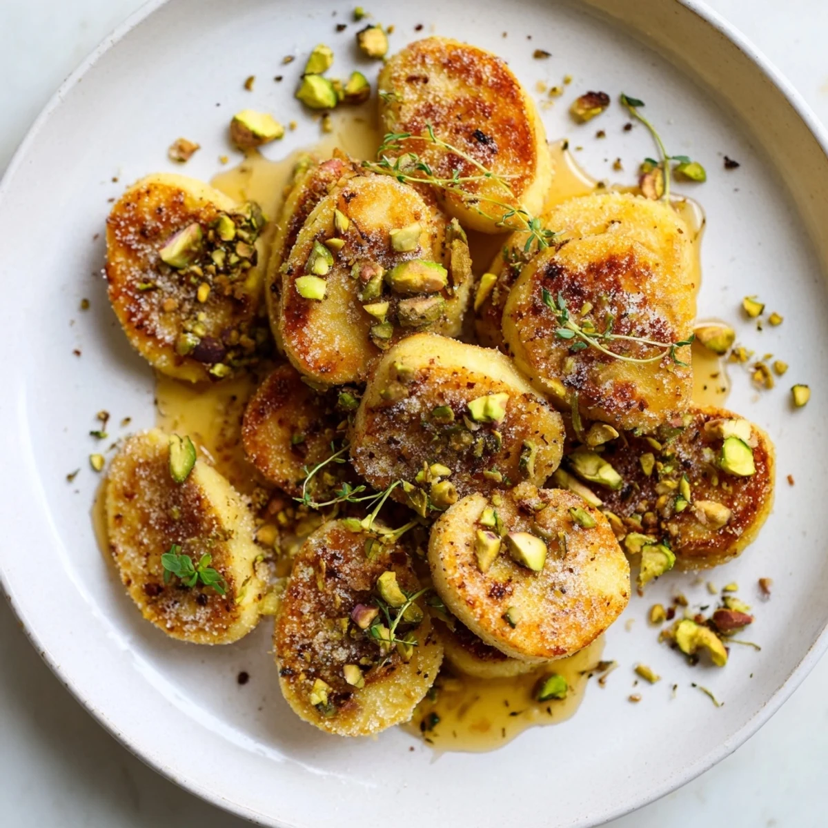 Savory Honey Halloumi appetizer served hot with nutty garnish and aromatic thyme.