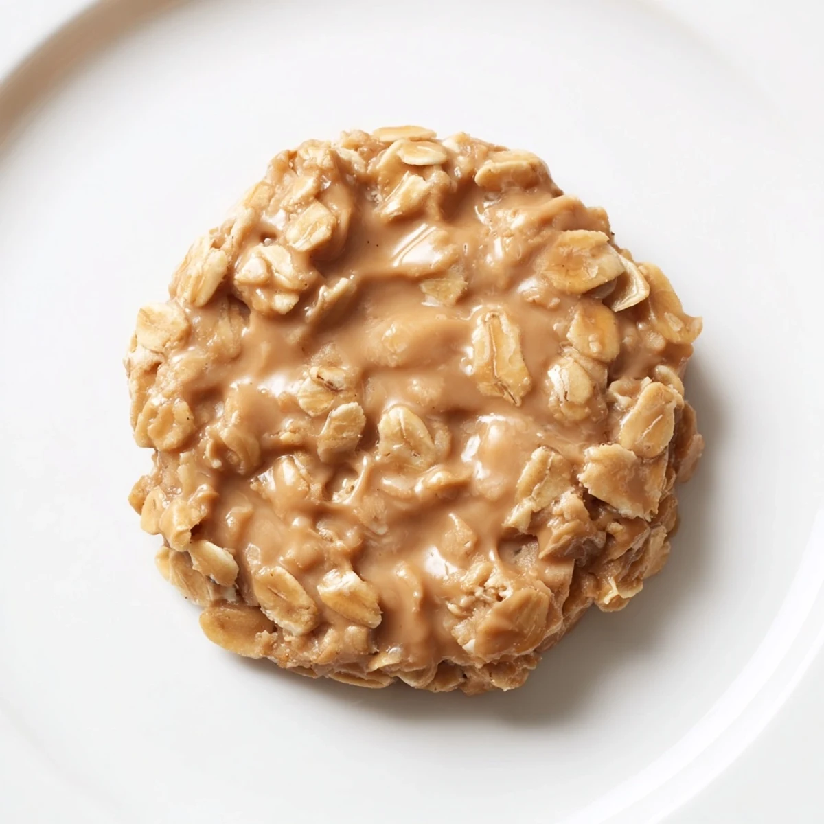 Rich, chewy peanut butter no bake cookies stacked on a white plate.
