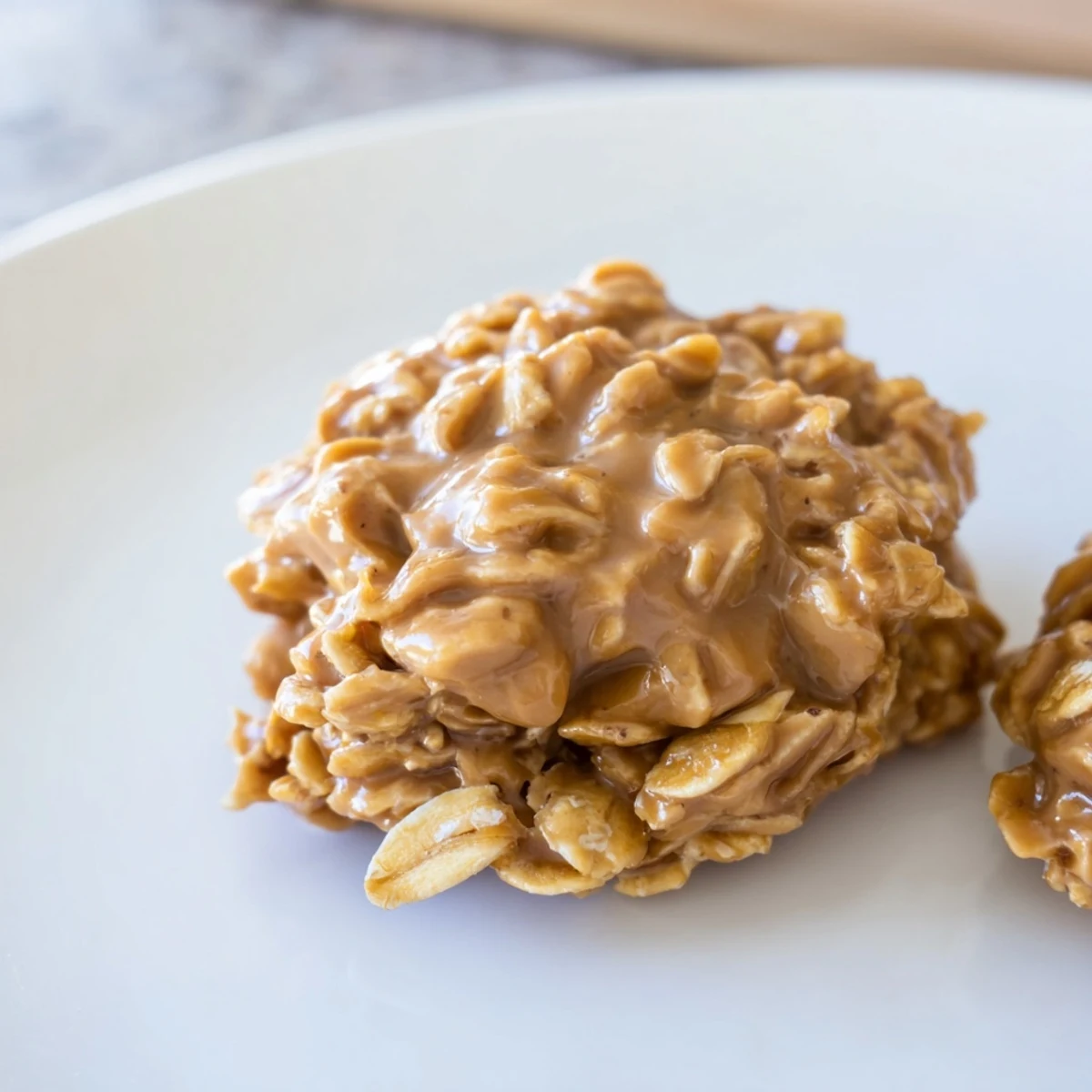 Homemade peanut butter no bake cookies cooling on a parchment-lined baking sheet.